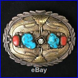 Navajo Sterling Silver Belt Buckle withTurquoise, Red Coral & Cubic Zirconia EUC