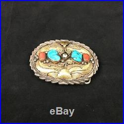 Navajo Sterling Silver Belt Buckle withTurquoise, Red Coral & Cubic Zirconia EUC