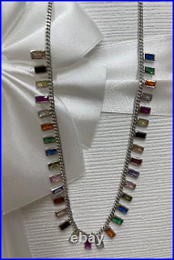 Necklace women Sterling Silver Rainbow Cubic Zirconia Baguette Dangle Choker