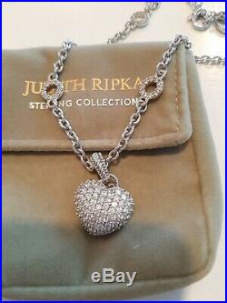 New Judith Ripka Sterling Cubic Zirconia Chain Necklace with CZ Heart Enhancer