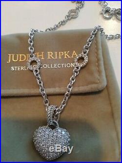 New Judith Ripka Sterling Cubic Zirconia Chain Necklace with CZ Heart Enhancer