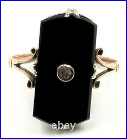 Onyx & Cubic Zirconia Art Deco Ring Vintage 9ct Yellow Gold & Sterling Silver
