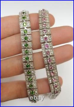 Pair Of Sterling Silver Cubic Zirconia Bracelets With Pink And Green Stones