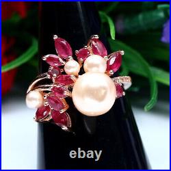 Peach Clr Pearl Red Ruby & Simulated Cz Ring 925 Sterling Silver