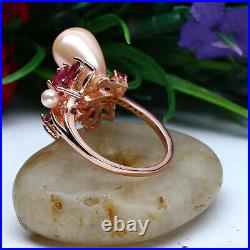 Peach Clr Pearl Red Ruby & Simulated Cz Ring 925 Sterling Silver