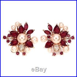 Pear Ruby 6x4mm Pearl Cubic Zirconia 2-tone 925 Sterling Silver Earrings