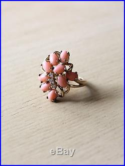 Pink Salmon Coral & Clear Cubic Zirconia Gold Plated Sterling Silver Ring Seta