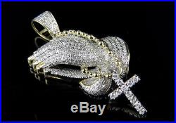 Praying Hand Rosary Beads Sterling Silver Cubic Zirconia Pendant 1.7 Free Shipp