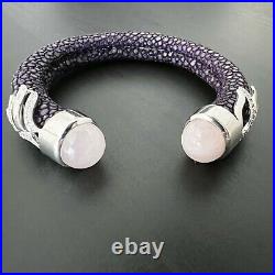 Purple Stingray Leather SS Pink Rose Quartz Statement Cuff Bracelet 6.5