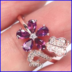 Purplish Pink Rhodolite & White Cubic Zirconia Ring 925 Sterling Silver Size 7
