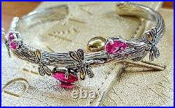 Red Cubic Zirconia Dragonfly Root Tree SS/18 K Solid Gold Cuff Bracelet