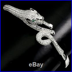 Round White Cubic Zirconia 14K White Gold Plate 925 Sterling Silver Tiger Bangle