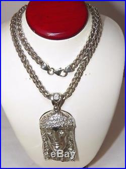 SET- 925 Sterling Silver Fancy Cubics Zirconia Jesus Head/Face Pendant & Chain
