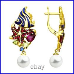 SOKOLOV Earrings Gold plated silver 925 with cubic zirconium and pearls Fish