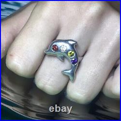 Size 7 Dolphin Multi Colored Cubic Zirconia Ring 925 Sterling Silver