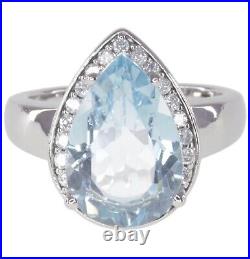 Sky Blue Topaz Gemstone Pear Cubic Zirconia Halo Raised Sterling Silver 925 Ring