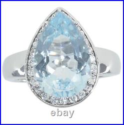 Sky Blue Topaz Gemstone Pear Cubic Zirconia Halo Raised Sterling Silver 925 Ring