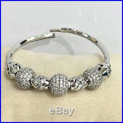 Solid 0.925 Silver Round Lock Bangle With Beaded Cubic Zirconia. Sz 58mm
