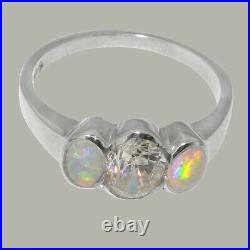 Solid 925 Sterling Silver Cubic Zirconia & Opal Womens Trilogy Ring