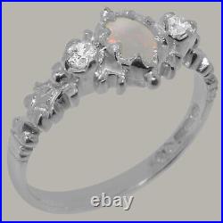 Solid 925 Sterling Silver Natural Opal & Cubic Zirconia Womens Trilogy Ring