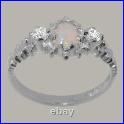 Solid 925 Sterling Silver Natural Opal & Cubic Zirconia Womens Trilogy Ring