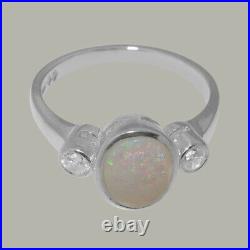 Solid 925 Sterling Silver Natural Opal & Cubic Zirconia Womens Trilogy Ring