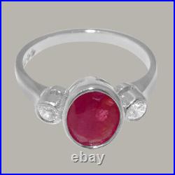 Solid 925 Sterling Silver Natural Ruby & Cubic Zirconia Womens Trilogy Ring