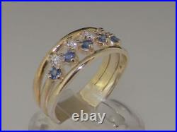 Solid 925 Sterling Silver Natural Sapphire & Cubic Zirconia Womens Band Ring