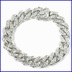 Solid Silver Bracelet Heavy Curb Sterling White Cubic Zircoinas 110.5g 8.5 Inch