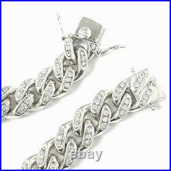 Solid Silver Bracelet Heavy Curb Sterling White Cubic Zircoinas 110.5g 8.5 Inch