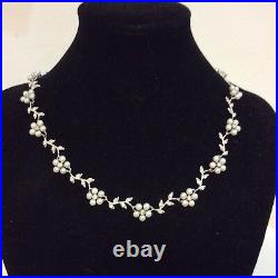 Statement Sterling Silver Pearls and Cubic Zirconia Flower Collar Necklace
