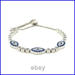 Sterling Silver Adjustable Enameled Evil Eye Bracelet with Cubic Zirconias