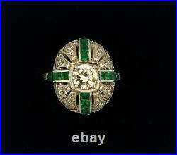 Sterling Silver Art Deco Design Ring, with Emeralds and Cubic Zirconia