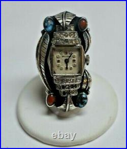 Sterling Silver Bulova Coral, Turquoise and Cubic Zirconia Long Leaf Ring 6.5