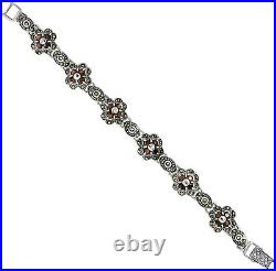 Sterling Silver Cubic Zirconia Garnet Stone Flower Marcasite Bracelet 7 Long