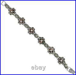 Sterling Silver Cubic Zirconia Garnet Stone Flower Marcasite Bracelet 7 Long Sterling Silver Cubic Zirconia Garnet Stone Flower Marcasite Bracelet 7 Long