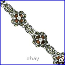 Sterling Silver Cubic Zirconia Garnet Stone Flower Marcasite Bracelet 7 Long