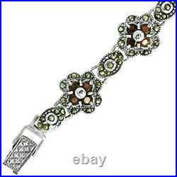 Sterling Silver Cubic Zirconia Garnet Stone Flower Marcasite Bracelet 7 Long