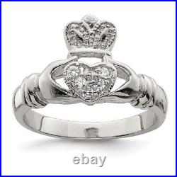 Sterling Silver Cubic Zirconia Rhodium-plated Claddagh Ring Size 7