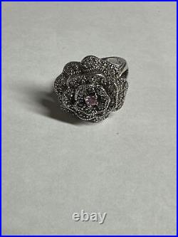 Sterling Silver Lab Created Pink And White Cubic Zirconia Rose Flower Size 5.75
