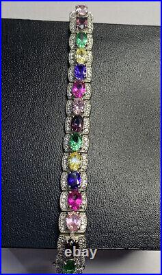 Sterling Silver Multi Gemstone CZ Cubic Zirconia Tennis Rainbow 925 Bracelet 7
