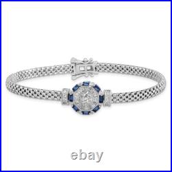 Sterling Silver Rhodium-plated Polished Blue & White Cubic Zirconia Bracelet 7