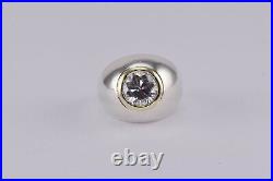 Sterling Silver & Solid 14k Gold Bezel Cubic Zirconia Dome Band Ring 925 Sz 7