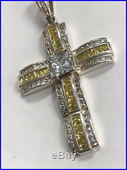 Sterling Silver Very Large Cross Pendant With Yellow & Clear Cubic Zirconias