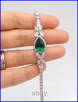 Sterling Silver Women's Pear Emerald Cubic Zirconia Halo Link Chain Bracelet