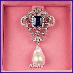 Sterling Silver brooch with blue & clear cubic zirconias & baroque natural pearl