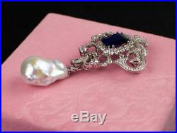 Sterling Silver brooch with blue & clear cubic zirconias & baroque natural pearl