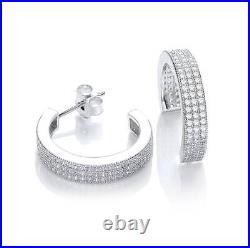 Sterling silver Silver Micro Pave' Square Cubic zirconia Half Tube Hoop
