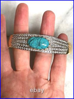 Stunning 925 Sterling Silver Vermeil Turquoise & Cz Bangle Bracelet