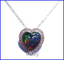 Stunning Australian Opal, Cubic Zirconia and Sterling Silver Heart Pendant 3240